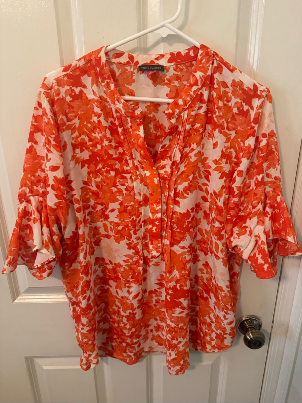 Vince Camuto Orange and White Floral Ruffle-Sleeve Blouse